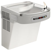 Stainless steel wall-mounted water cooler with curved basin, hands-free activation lever, and refrigeration unit on left side