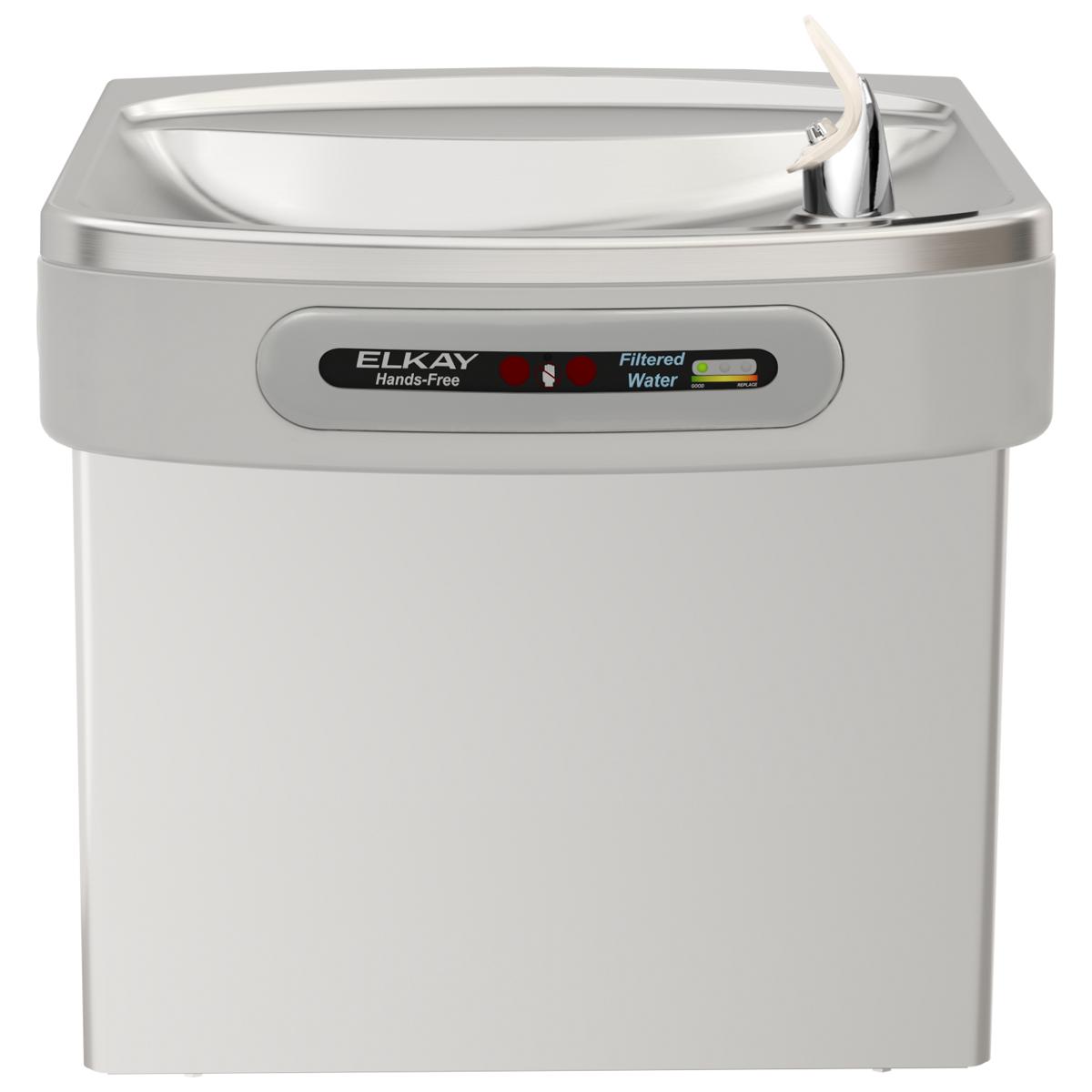 Stainless steel wall-mounted water cooler with curved drinking basin, chrome faucet, and Elkay hands-free filtered water cont