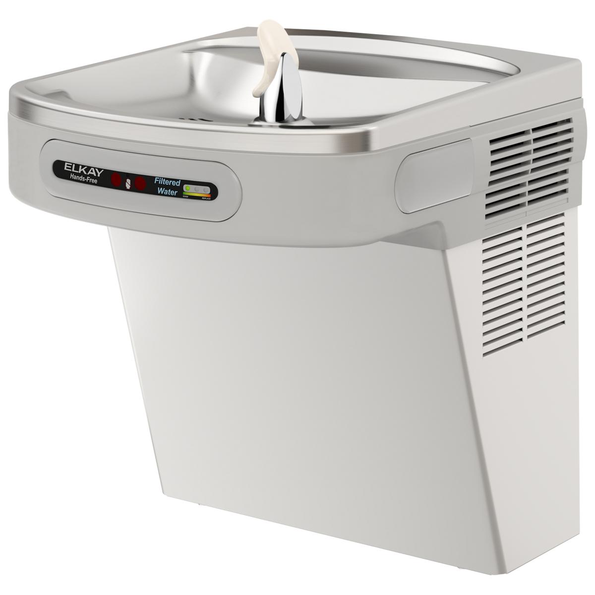 Stainless steel wall-mounted water cooler with curved basin, hands-free activation lever, filtered water label, and ventilati
