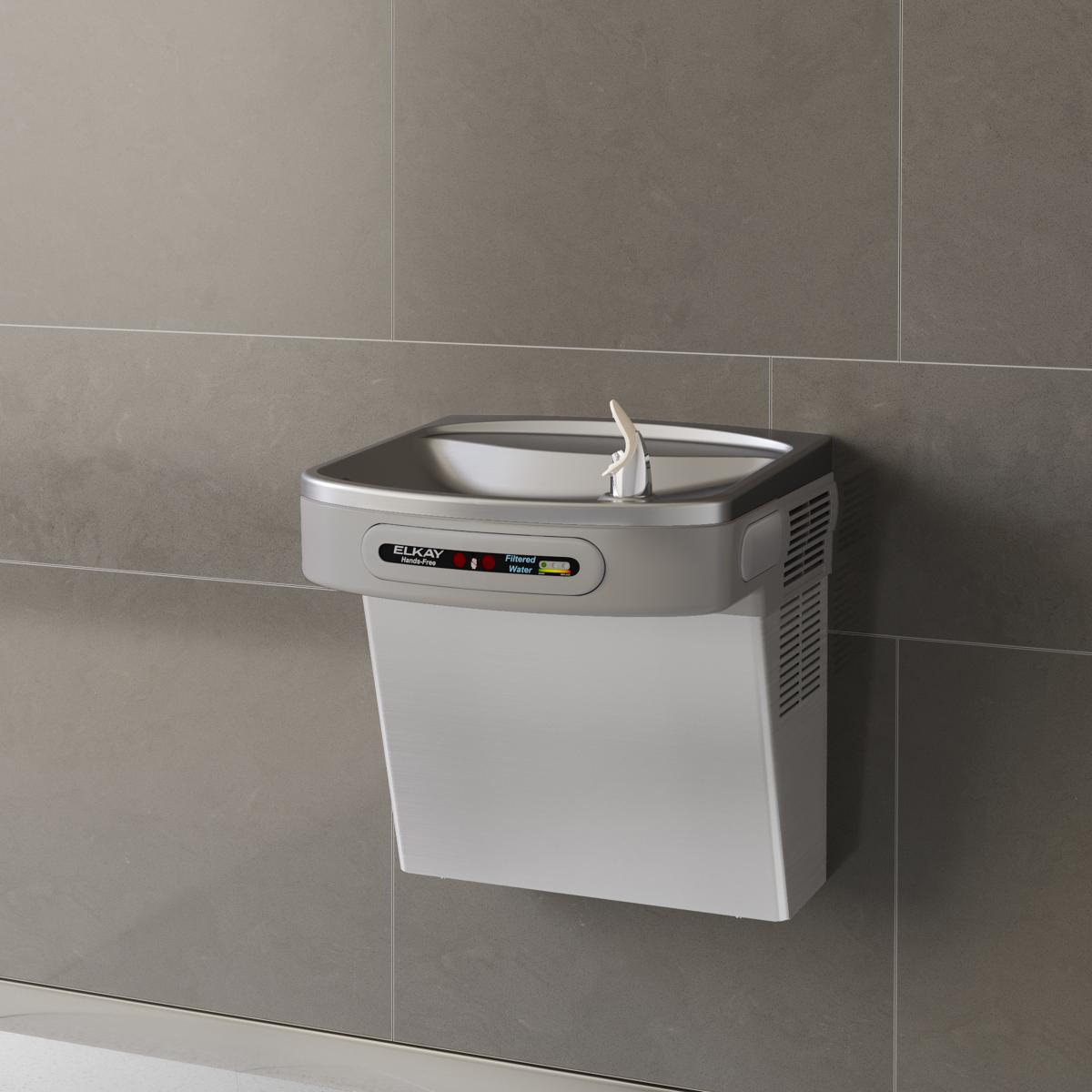 Stainless steel wall-mounted water cooler with white exterior, control panel, and built-in drinking fountain spout mounted on