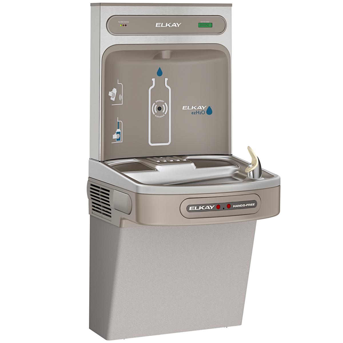 Light gray Elkay ezH2O bottle filling station with integrated cooler, hands-free activation sensor, and filtered water dispen
