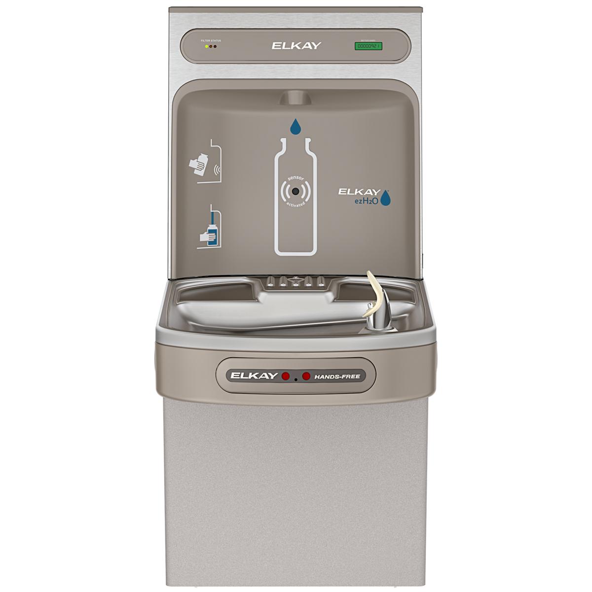Light gray Elkay water bottle filling station with hands-free activation, integrated cooler, and filtered water dispensing.