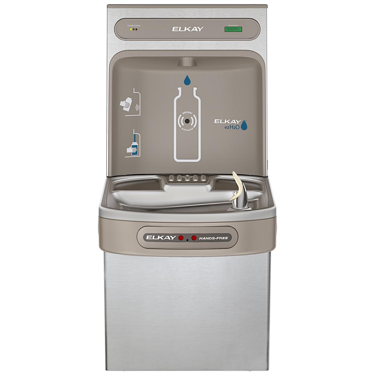 Elkay stainless steel bottle filling station with refrigerated cooler, hands-free activation, and integrated water bottle dis