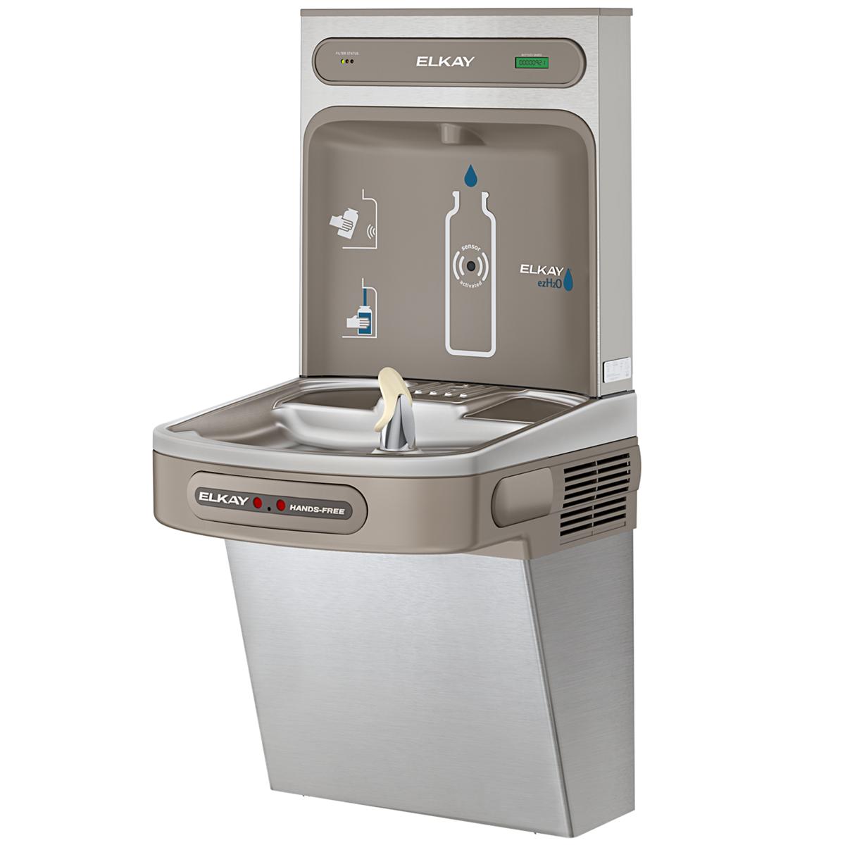 Elkay stainless steel bottle filling station with refrigerated cooler, hands-free activation, and single basin.