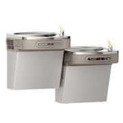 Two light gray Elkay water coolers with stainless steel basins and hands-free activation at different heights.