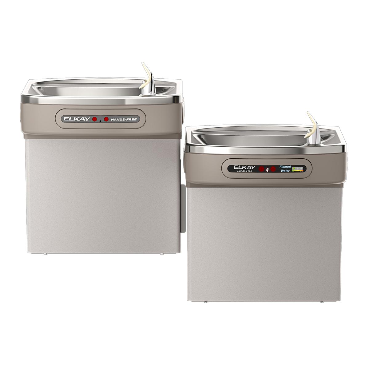 Two light gray Elkay water coolers with stainless steel basins and hands-free activation buttons at different heights.