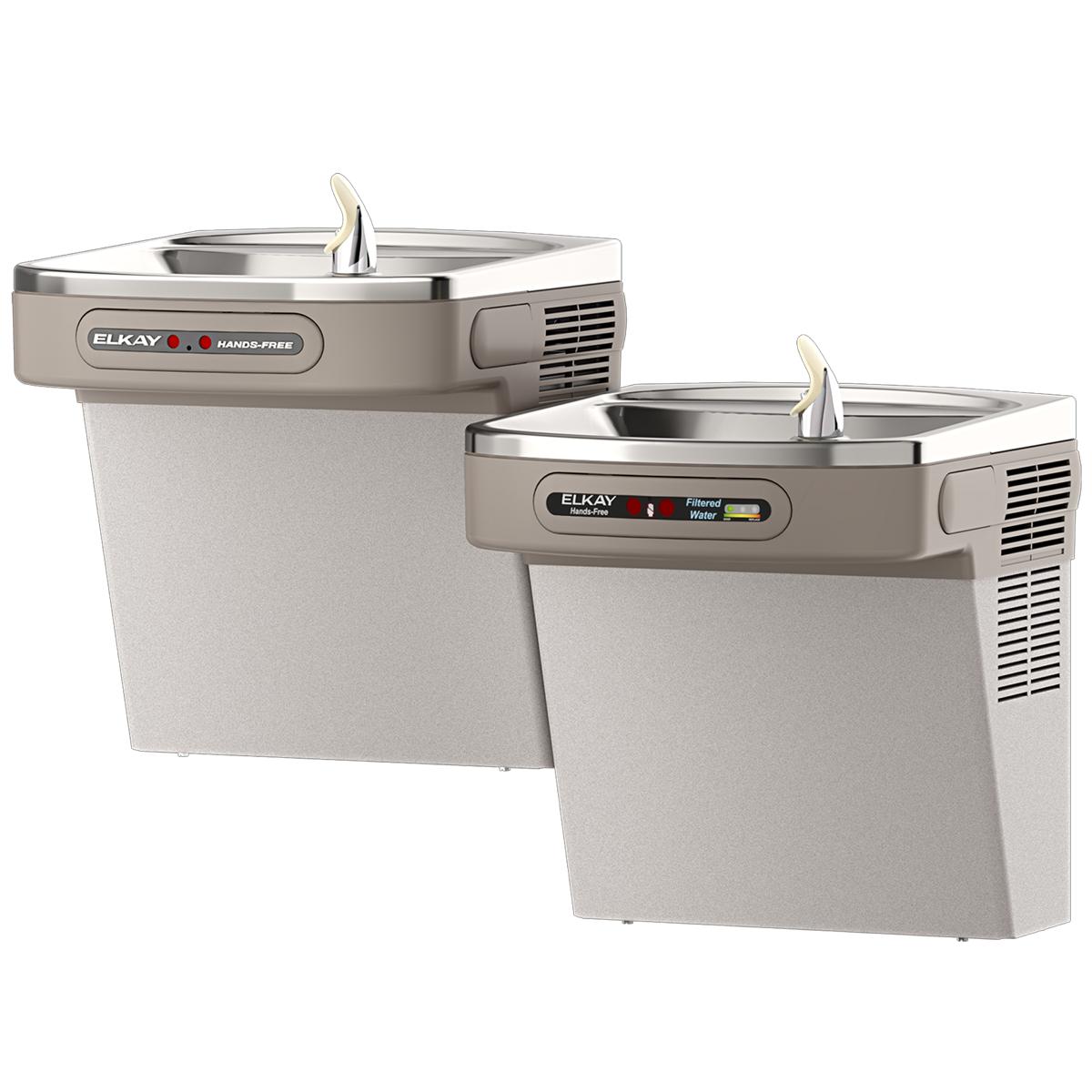 Two light gray Elkay water coolers with stainless steel tops, dual drinking fountains, and hands-free activation controls on 