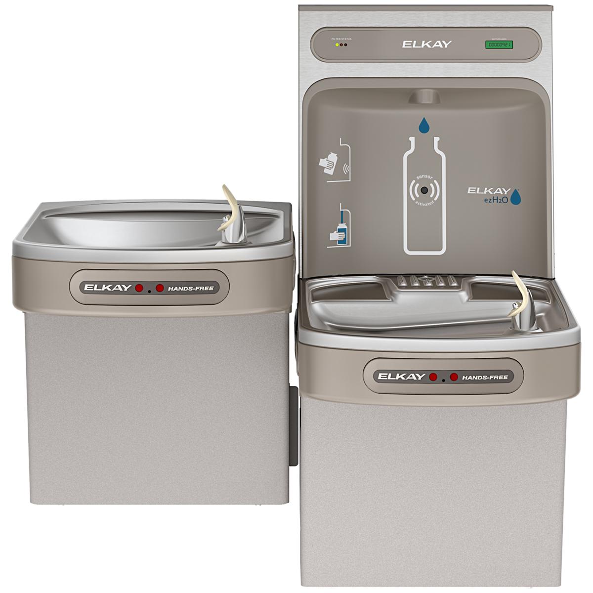 Light gray Elkay dual water filling station with upper bottle filler and lower drinking fountain, both with hands-free activa