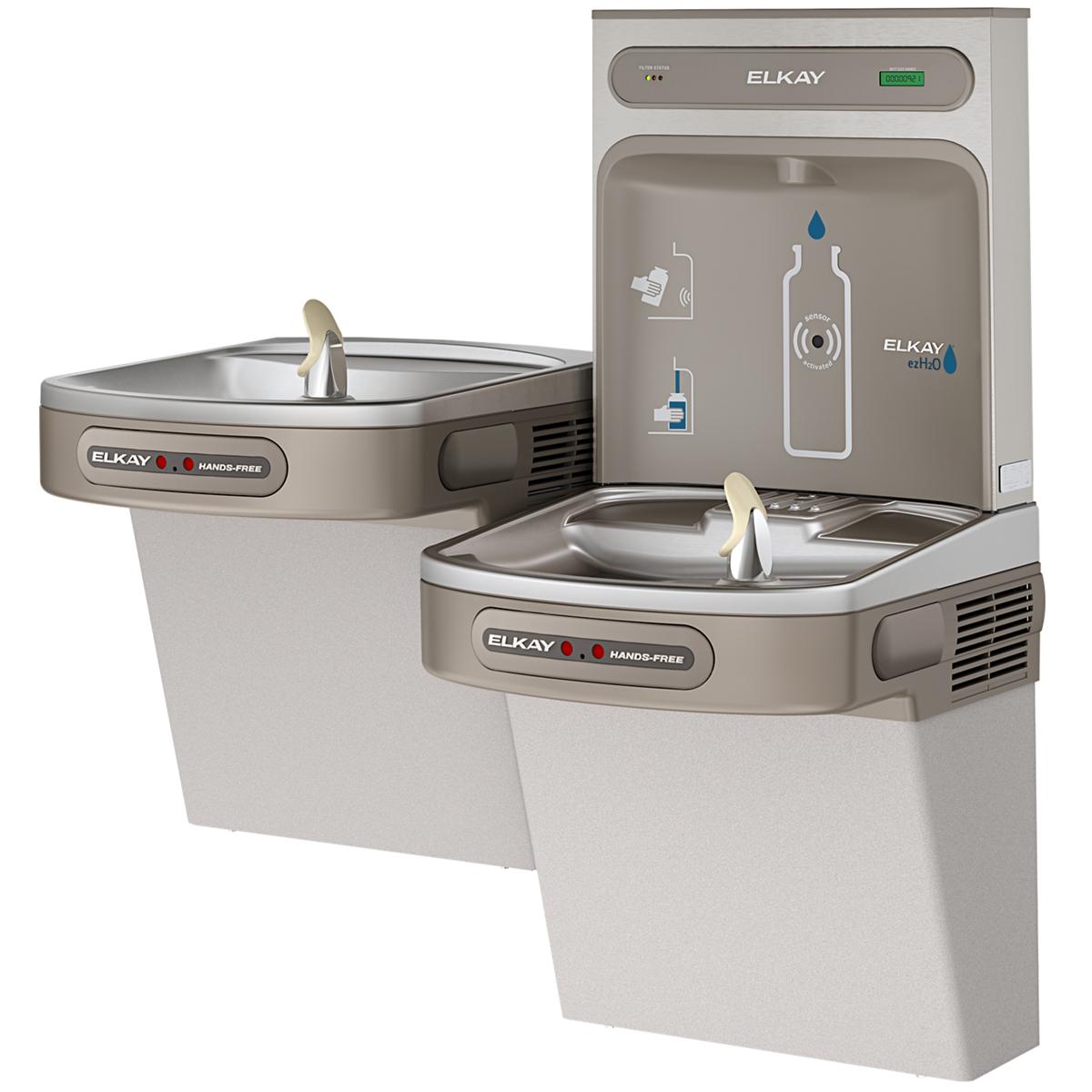 Light gray Elkay water filling station with two drinking fountains at different heights and wall-mounted bottle filler with h