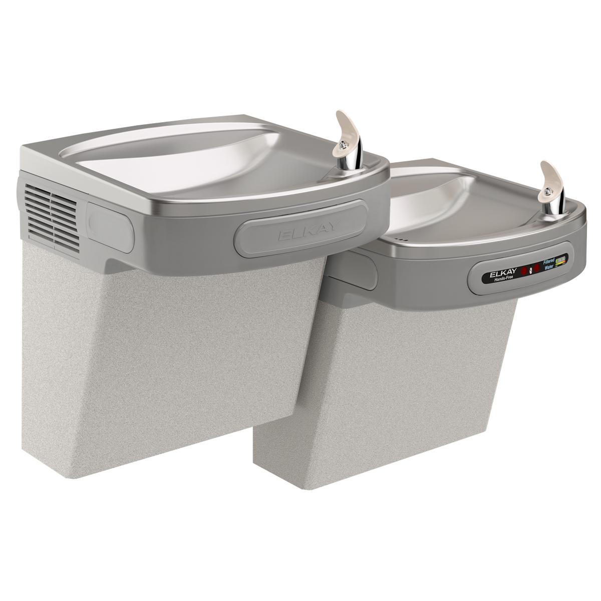 Wall-mounted water cooler with two basins at different heights, gray granite finish, and hands-free foot pedal activation.