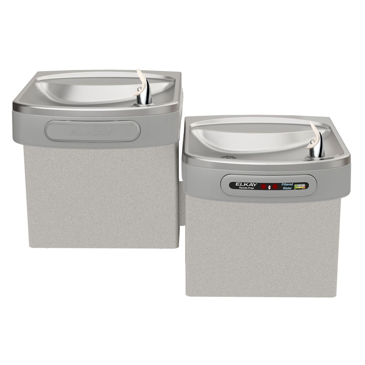 Light gray granite bi-level water cooler with two chrome drinking fountains and control panel.