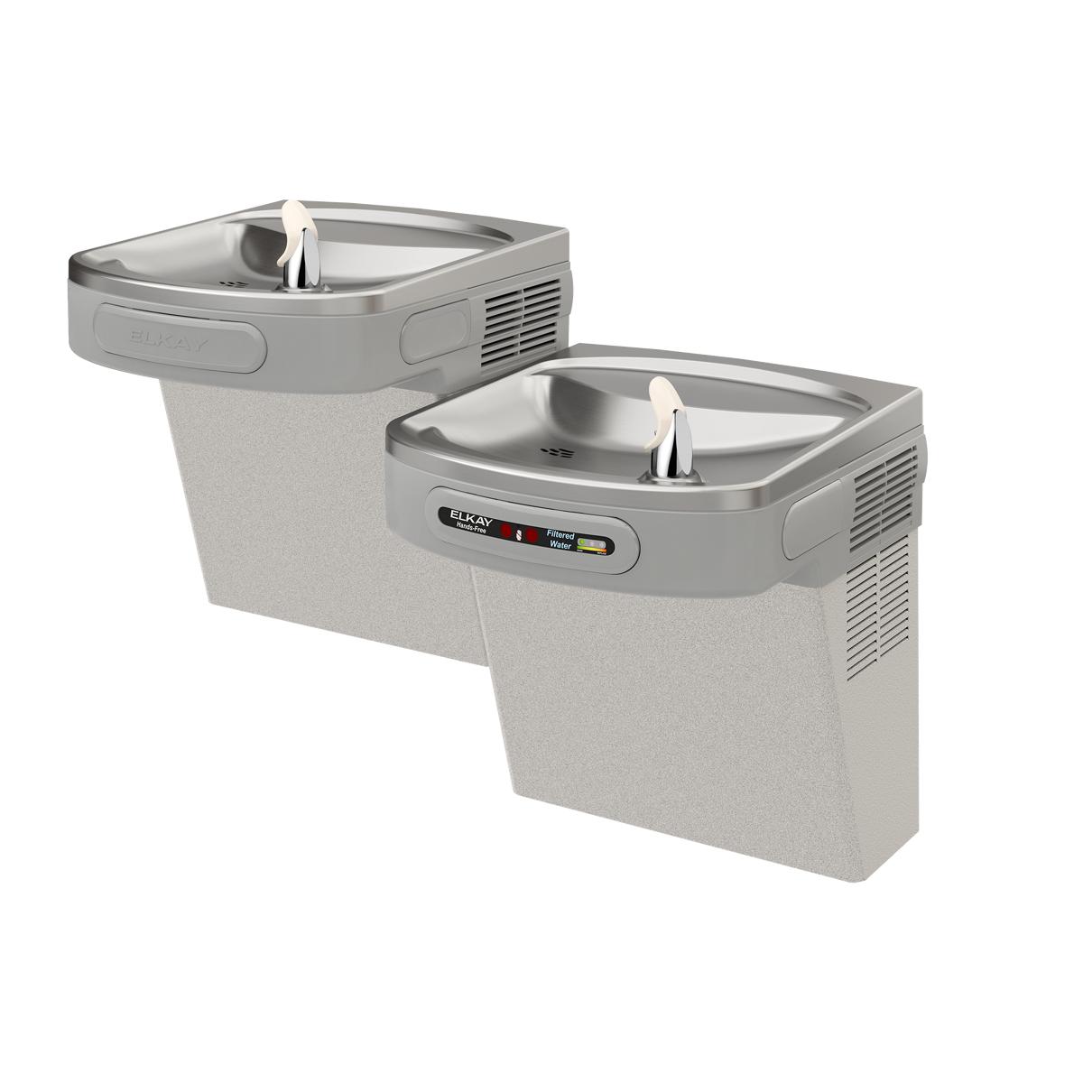 Wall-mounted light gray granite water cooler with two stainless steel basins at different heights and hands-free spouts.