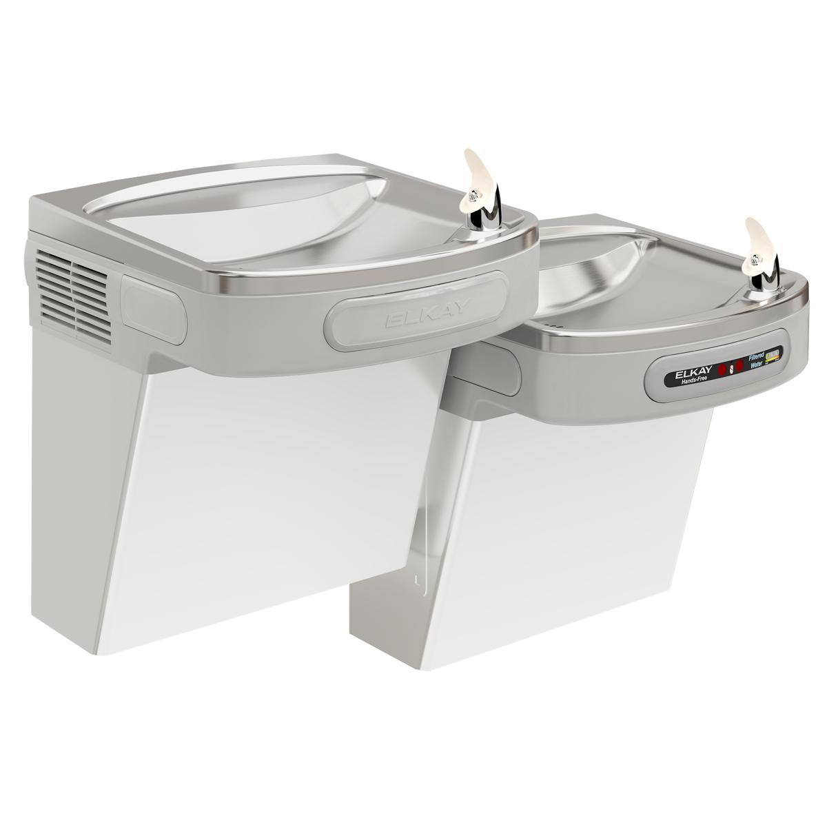 Stainless steel wall-mounted water cooler with two bi-level drinking fountains and hands-free activation spouts.