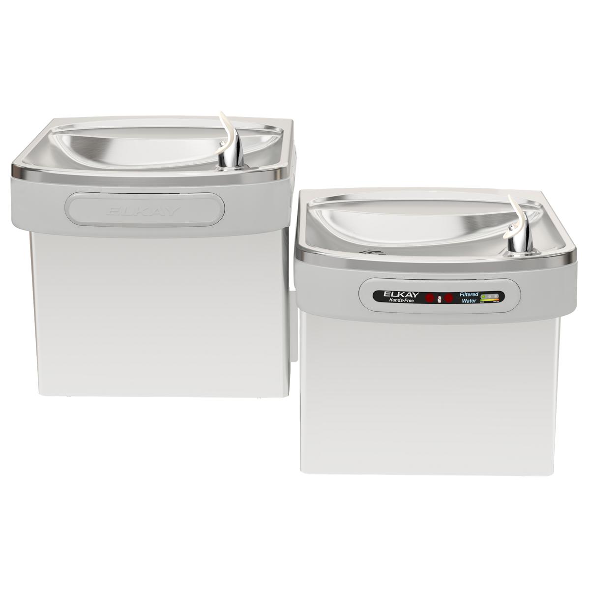 Stainless steel wall-mounted water cooler with two different height drinking fountains for accessibility.