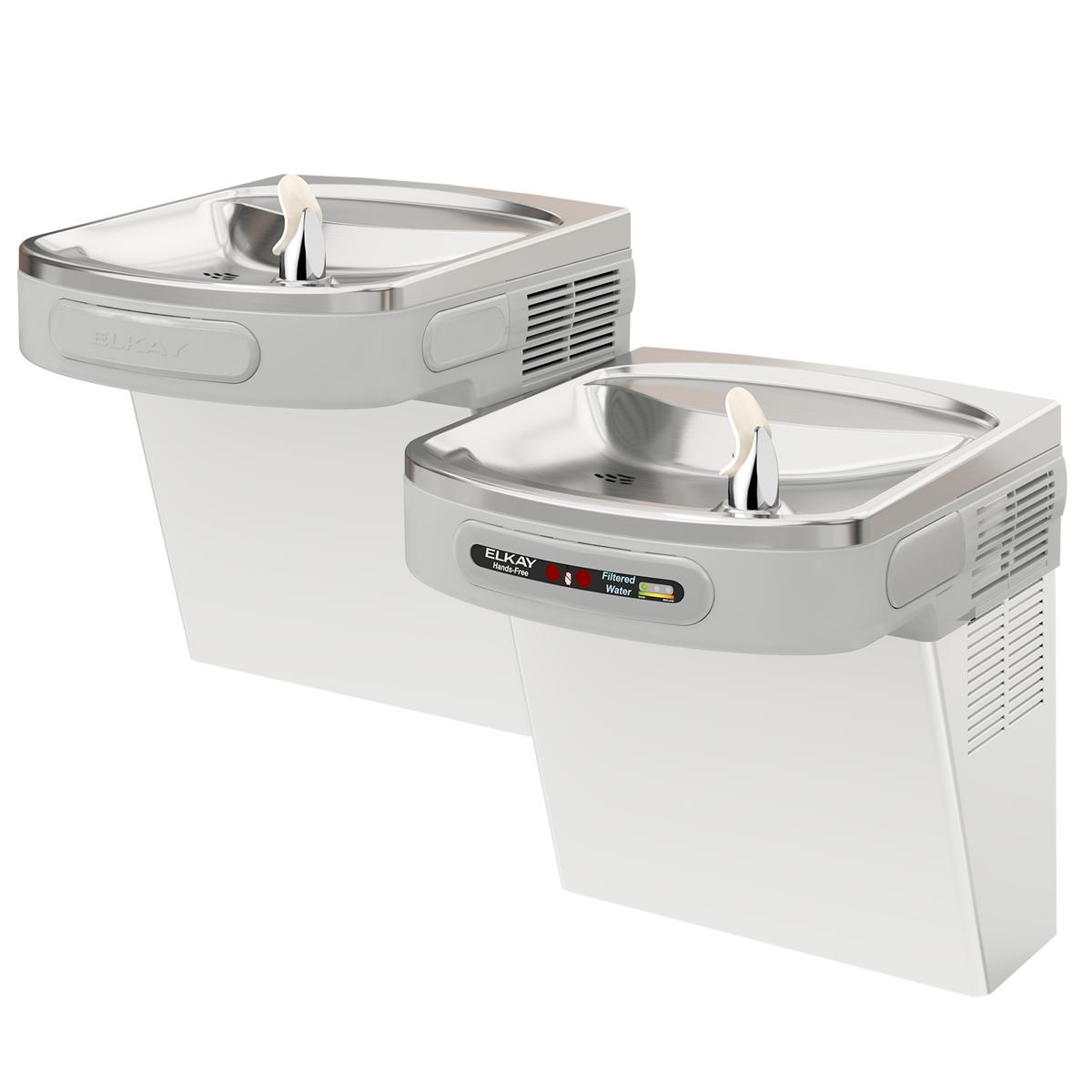 Stainless steel wall-mounted dual-level water cooler with curved basins and hands-free activation spouts.