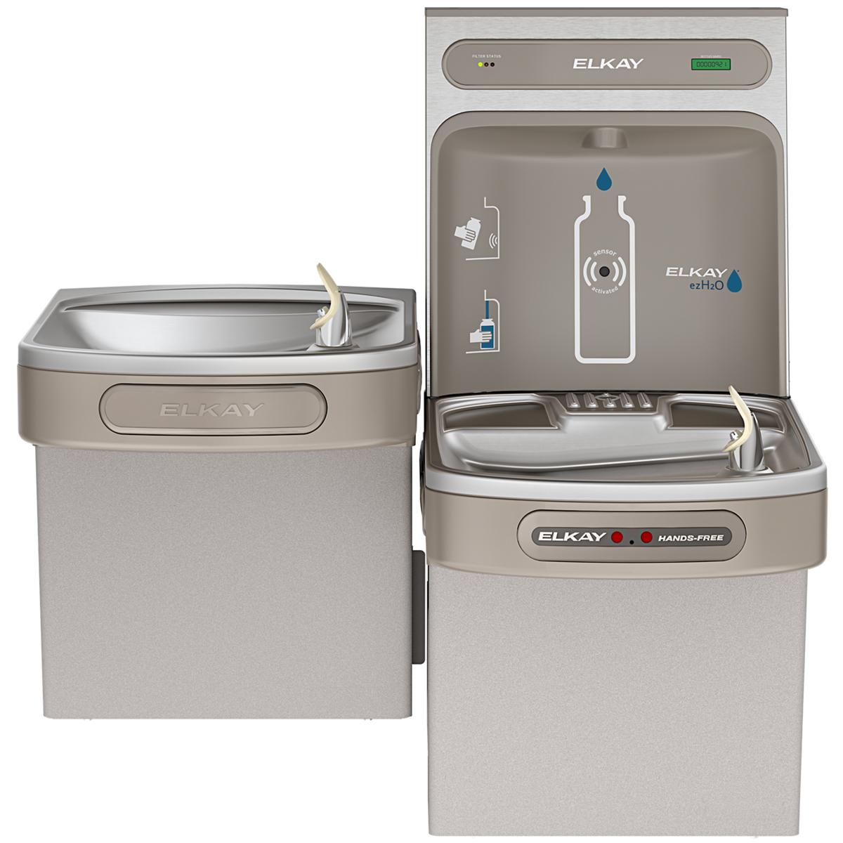 Light gray Elkay water cooler with dual-height filling stations, hands-free activation, and filtered refrigerated water dispe