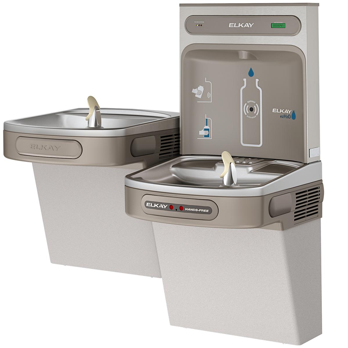 Light gray Elkay bottle filling station with dual-level coolers, hands-free activation, and filtered water dispenser for bott