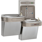 Stainless steel Elkay ezH2O bottle filling station with bi-level cooler, hands-free activation, and refrigerated water dispen