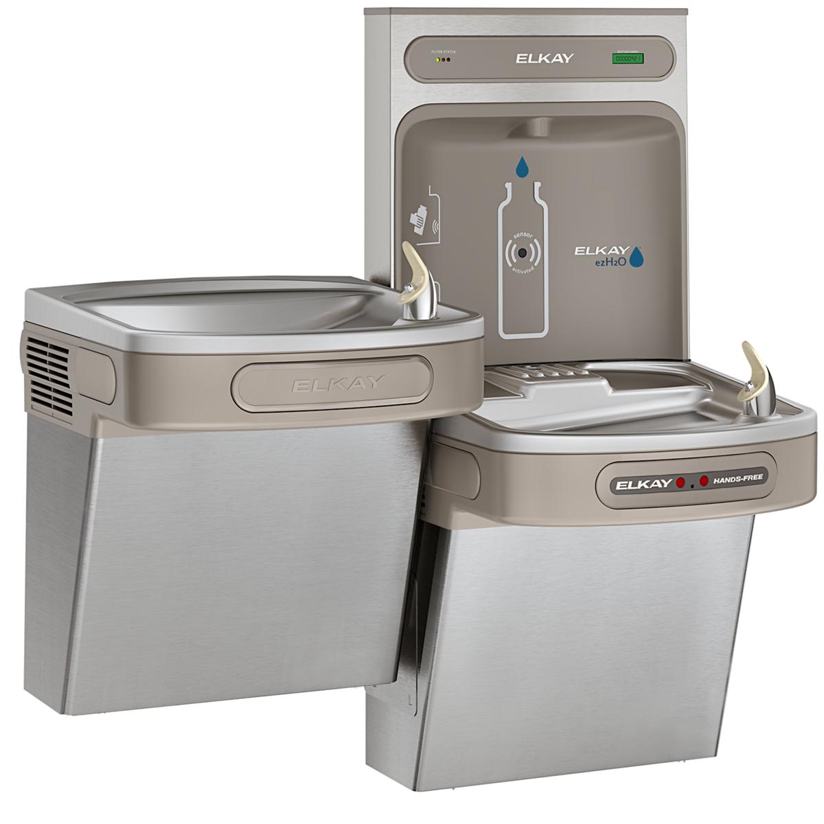 Stainless steel Elkay ezH2O bottle filling station with bi-level cooler, hands-free activation, and refrigerated water dispen