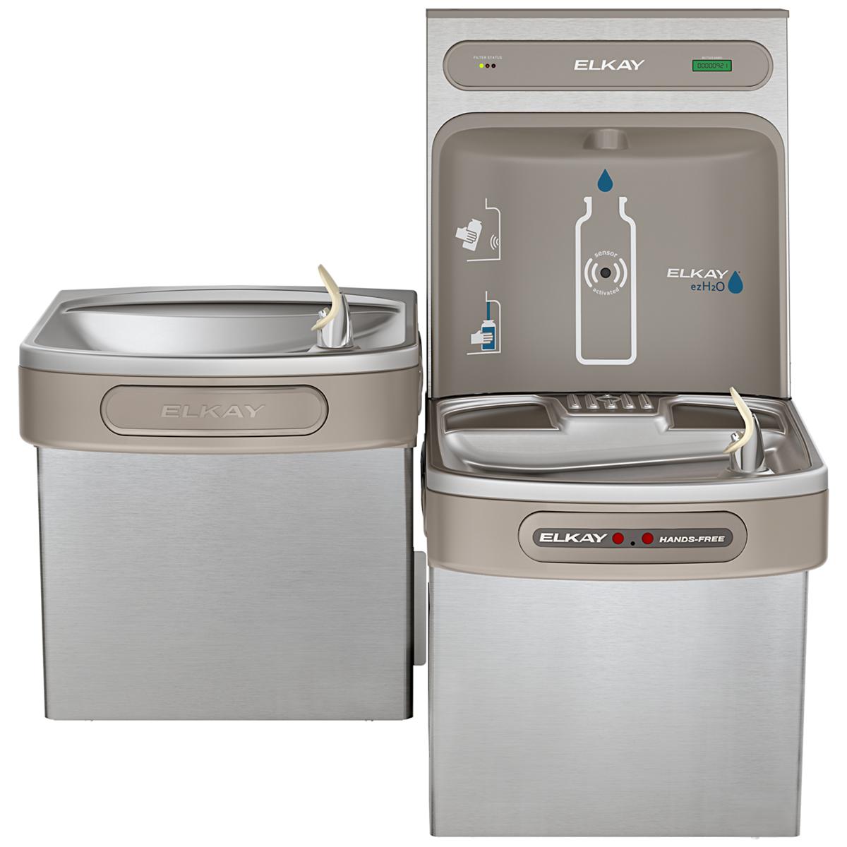 Elkay stainless steel dual-level water bottle filling station with hands-free activation and refrigerated cooler compartments