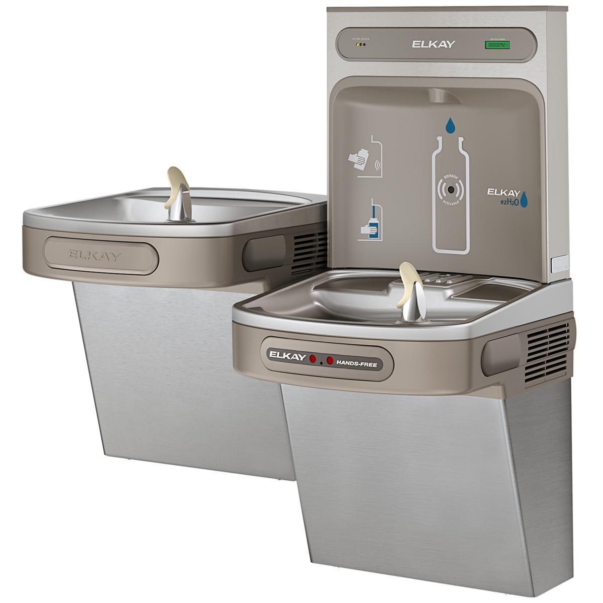 Elkay stainless steel bi-level bottle filling station with two fountains and hands-free activation sensors.