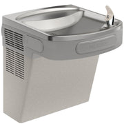 Wall-mounted water cooler with curved stainless steel basin, chrome drinking fountain spout, and light gray granite finish bo