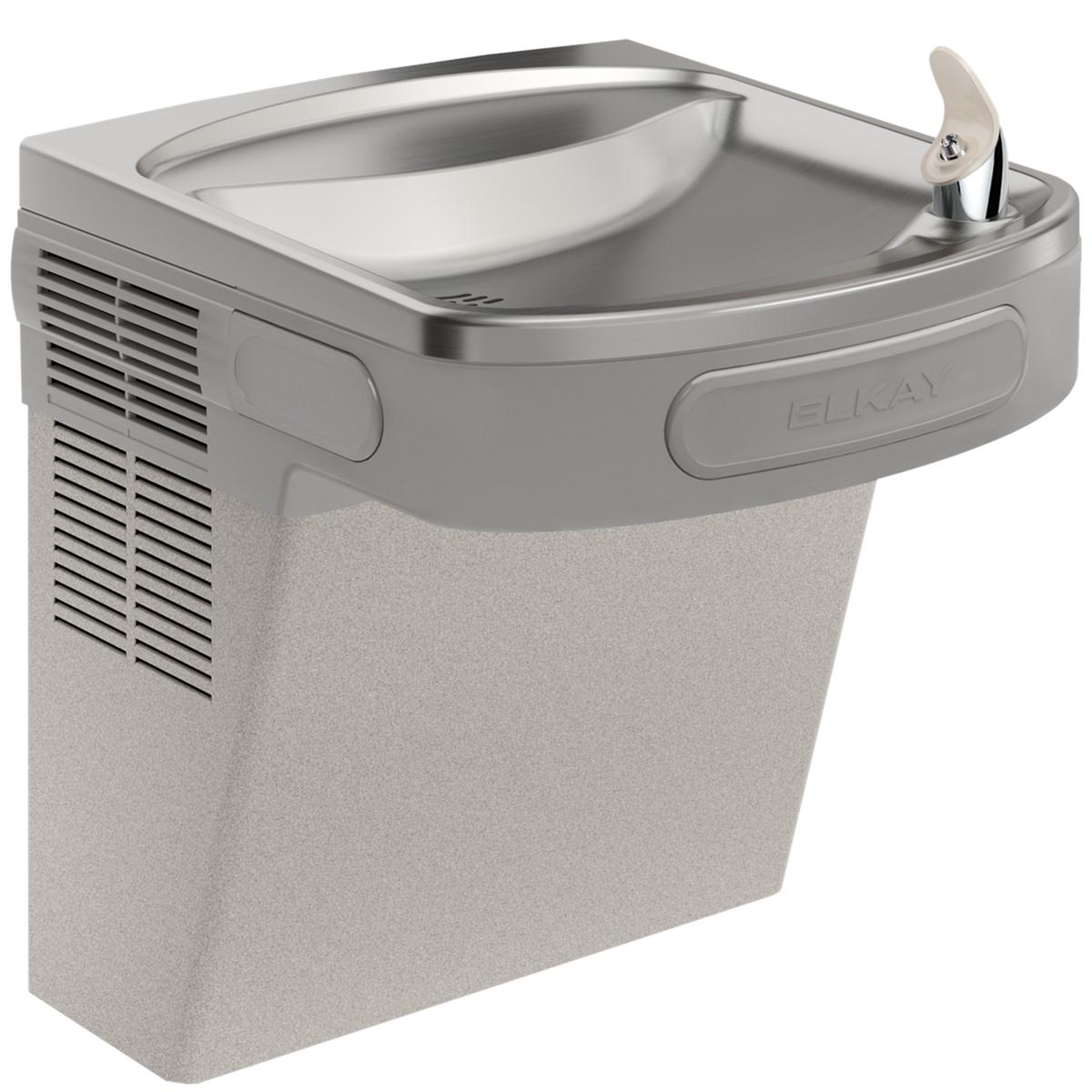 Wall-mounted water cooler with curved stainless steel basin, chrome drinking fountain spout, and light gray granite finish bo