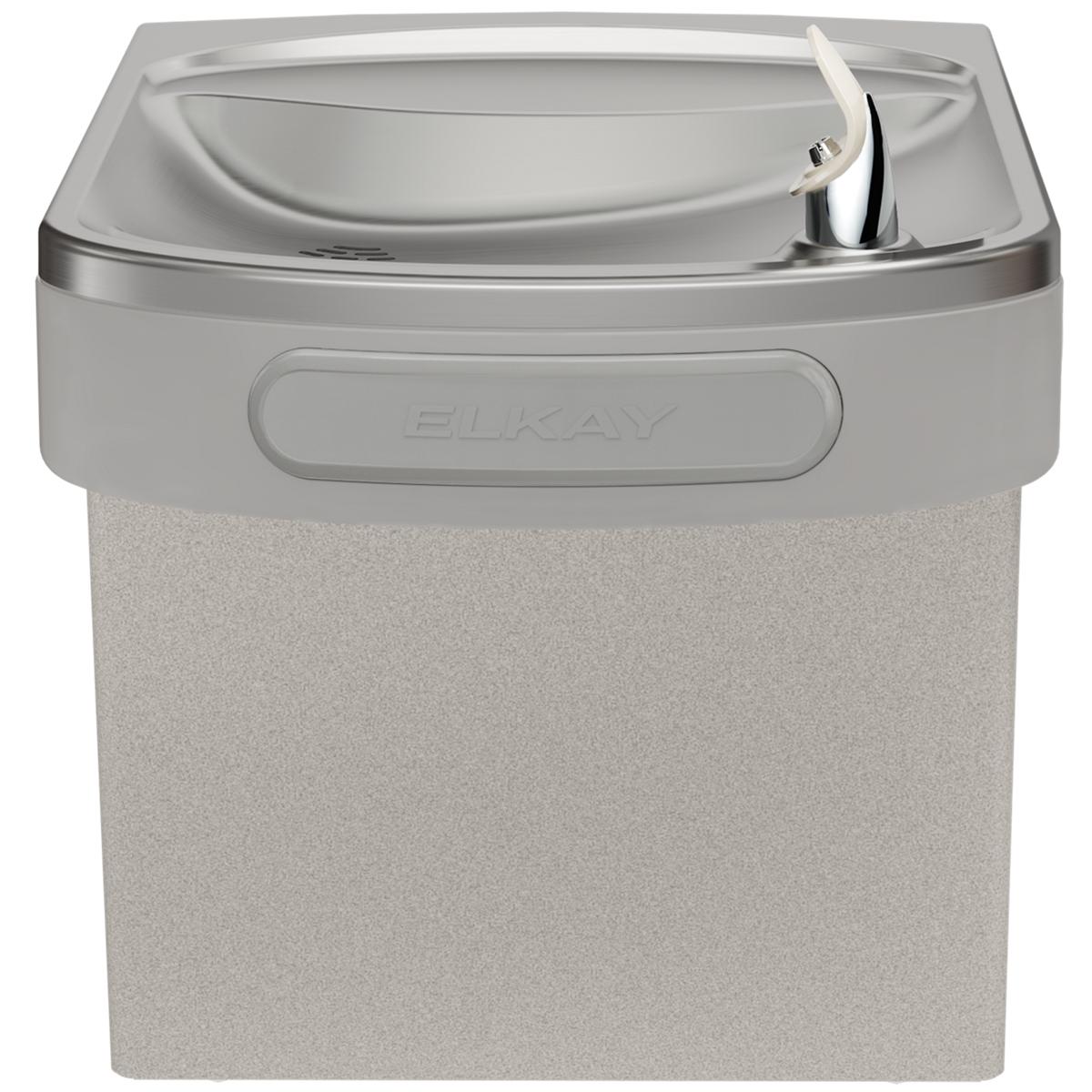 Light gray granite wall-mounted water cooler with curved basin and chrome drinking fountain spout.