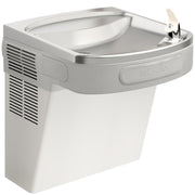 Stainless steel wall-mounted water cooler with curved basin, chrome drinking fountain spout, and ventilation grilles on white