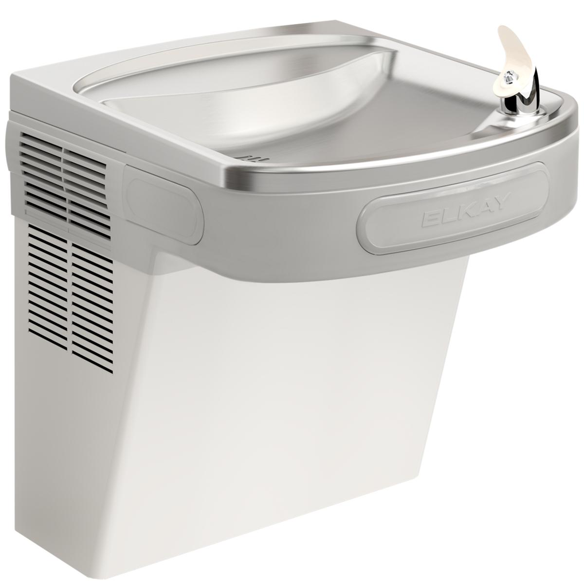 Stainless steel wall-mounted water cooler with curved basin, chrome drinking fountain spout, and ventilation grilles on white