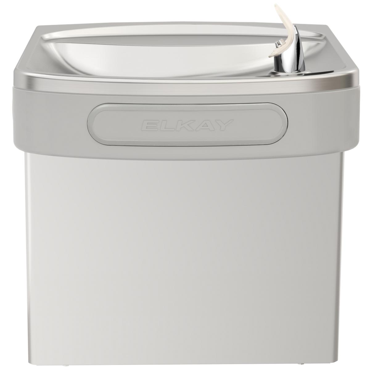 Stainless steel wall-mounted water cooler with curved basin, chrome faucet, and Elkay branding on front panel.