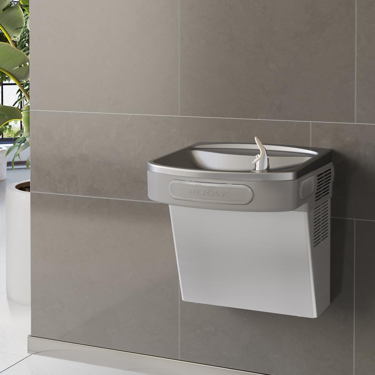 Stainless steel wall-mounted water cooler with single drinking fountain spout and refrigeration unit on side panel.