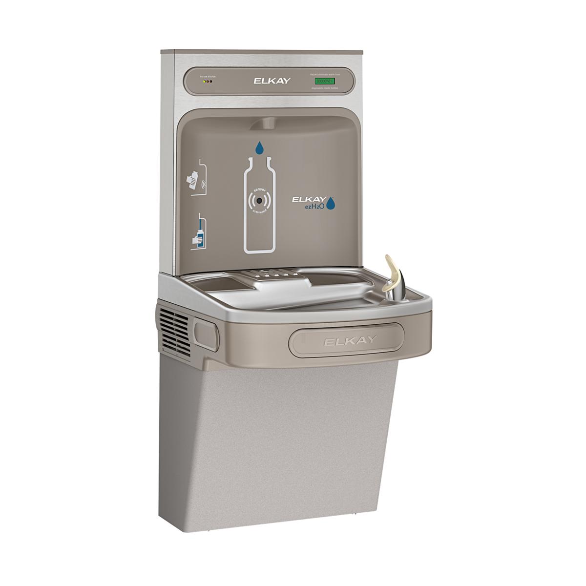 Light gray Elkay ezH2O bottle filling station with integrated cooler, front-mounted faucet, and digital control panel.