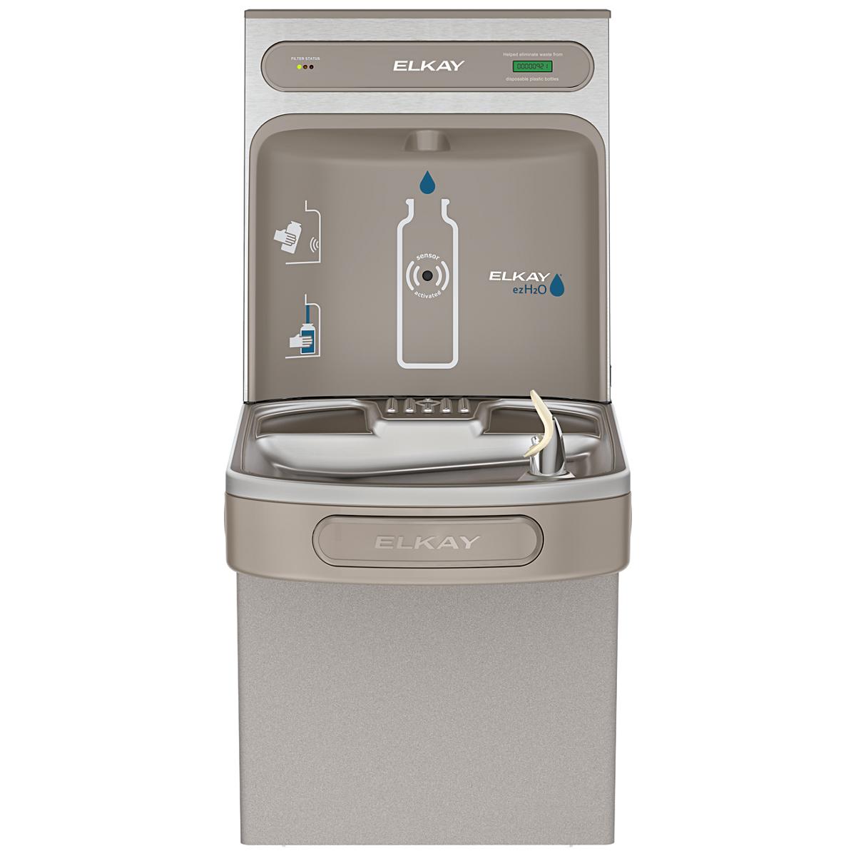 Light gray Elkay ezH2O bottle filling station with single ADA cooler, filtered refrigerated water dispenser, and bottle fill 