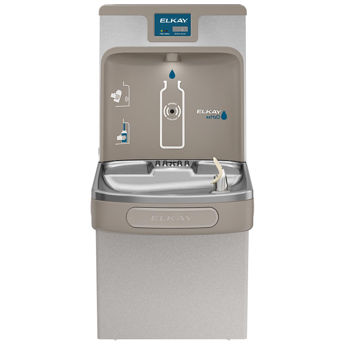 Light gray Elkay water cooler with bottle filling station, filtered refrigerated dispenser, and single ADA-compliant basin.