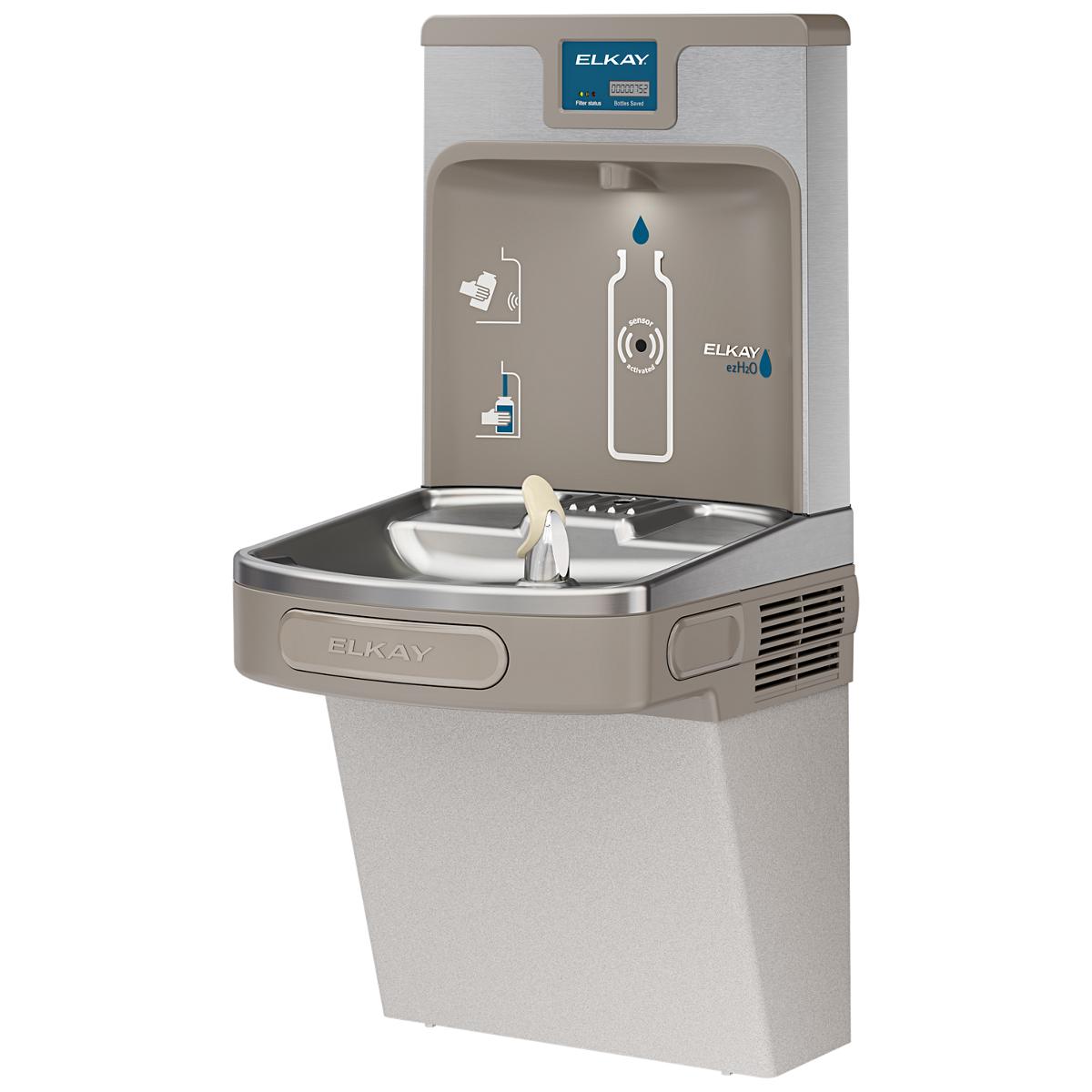 Light gray Elkay water fountain with bottle filling station on top and drinking cooler below with stainless steel basin.