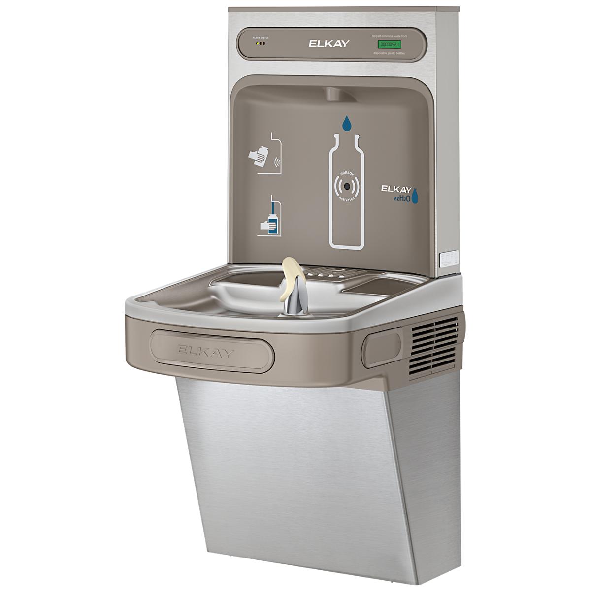 Elkay stainless steel bottle filling station with refrigerated cooler, basin, and touchless dispenser.