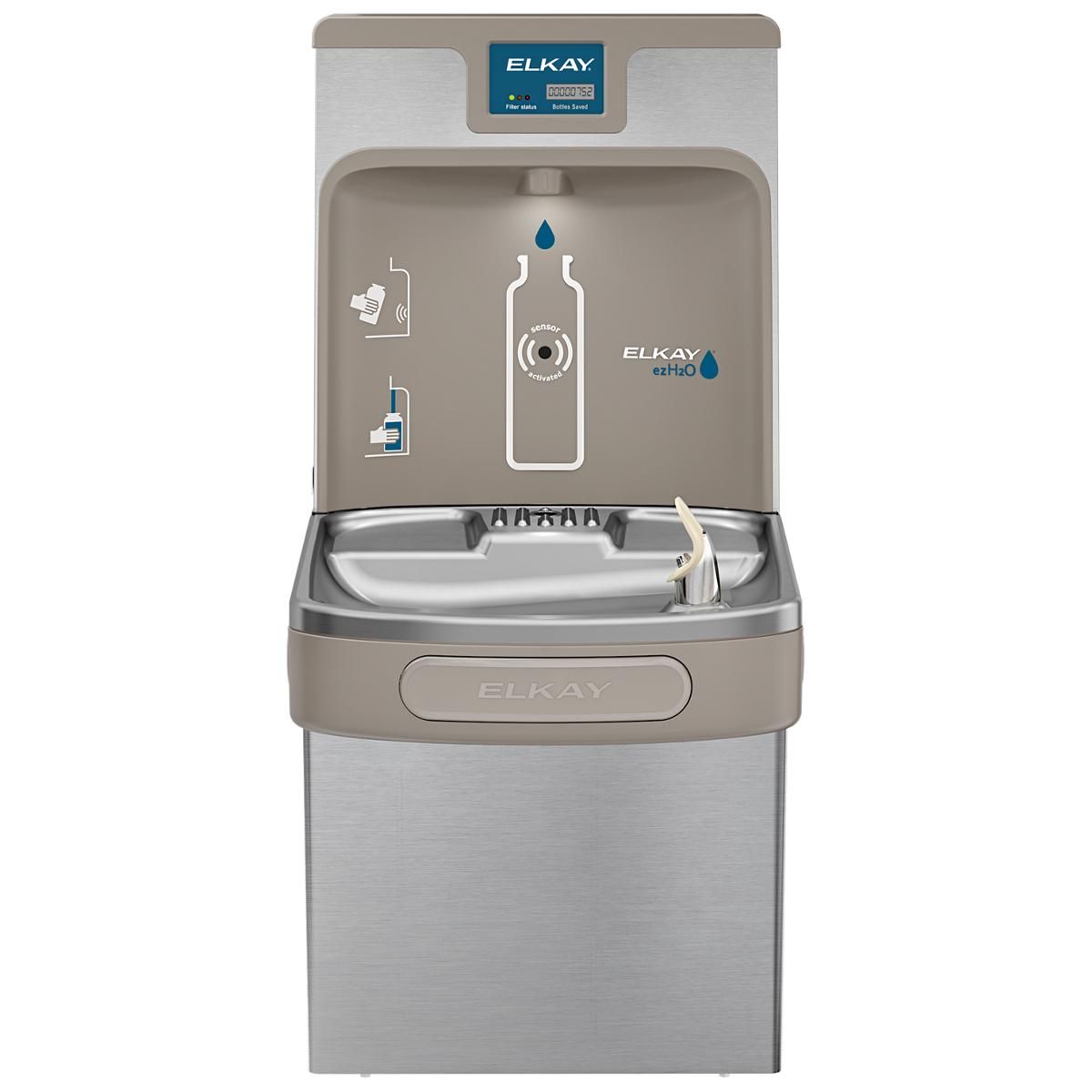 Stainless steel Elkay water cooler with bottle filling station above a single basin and lower refrigerated storage compartmen