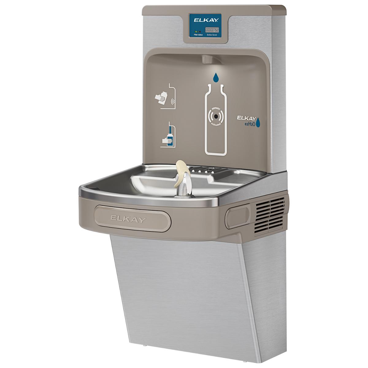 Stainless steel water cooler with bottle filling station and drinking fountain, featuring tan and gray exterior with control 