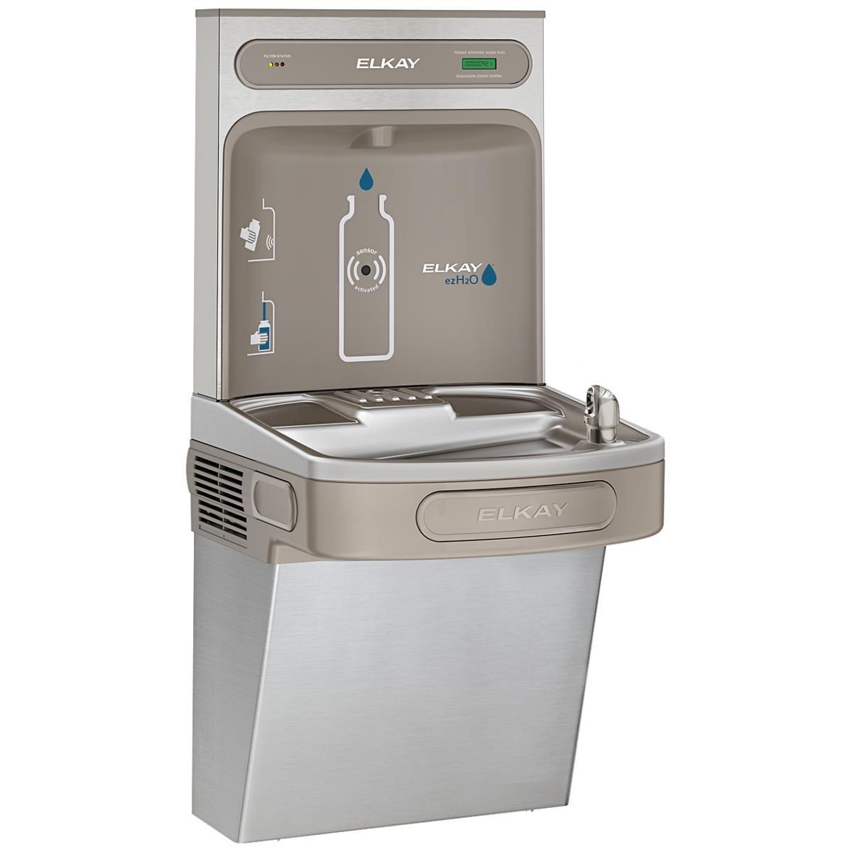 Elkay stainless steel bottle filling station with single cooler, filtered water dispenser, and curved drinking fountain basin