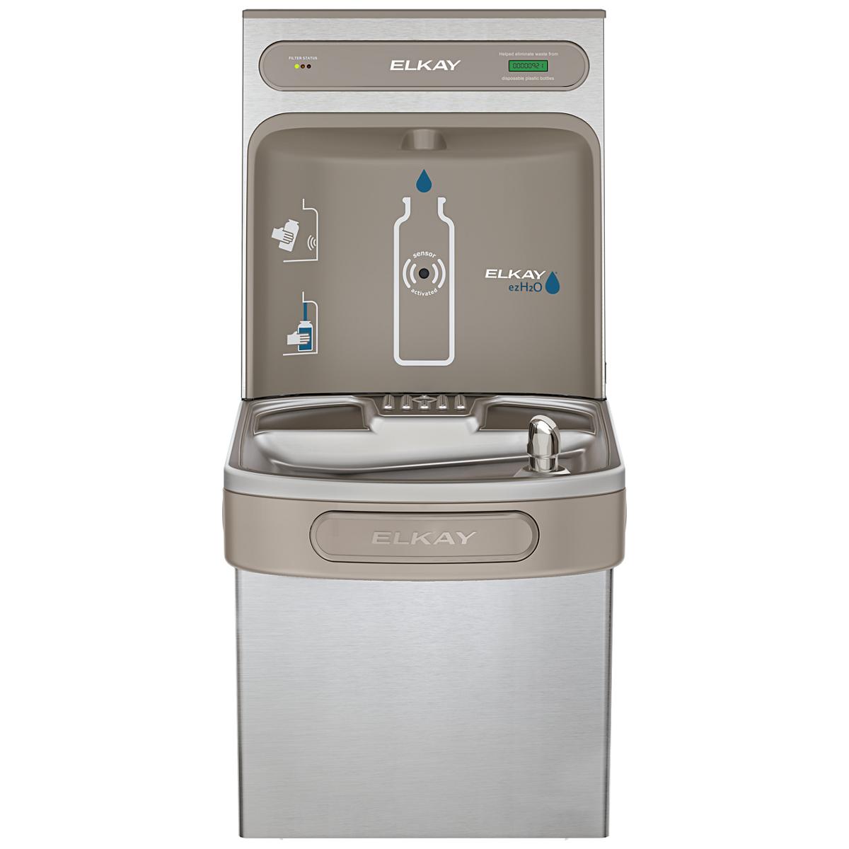 Stainless steel Elkay ezH2O bottle filling station with single cooler, digital display, and curved drinking basin.
