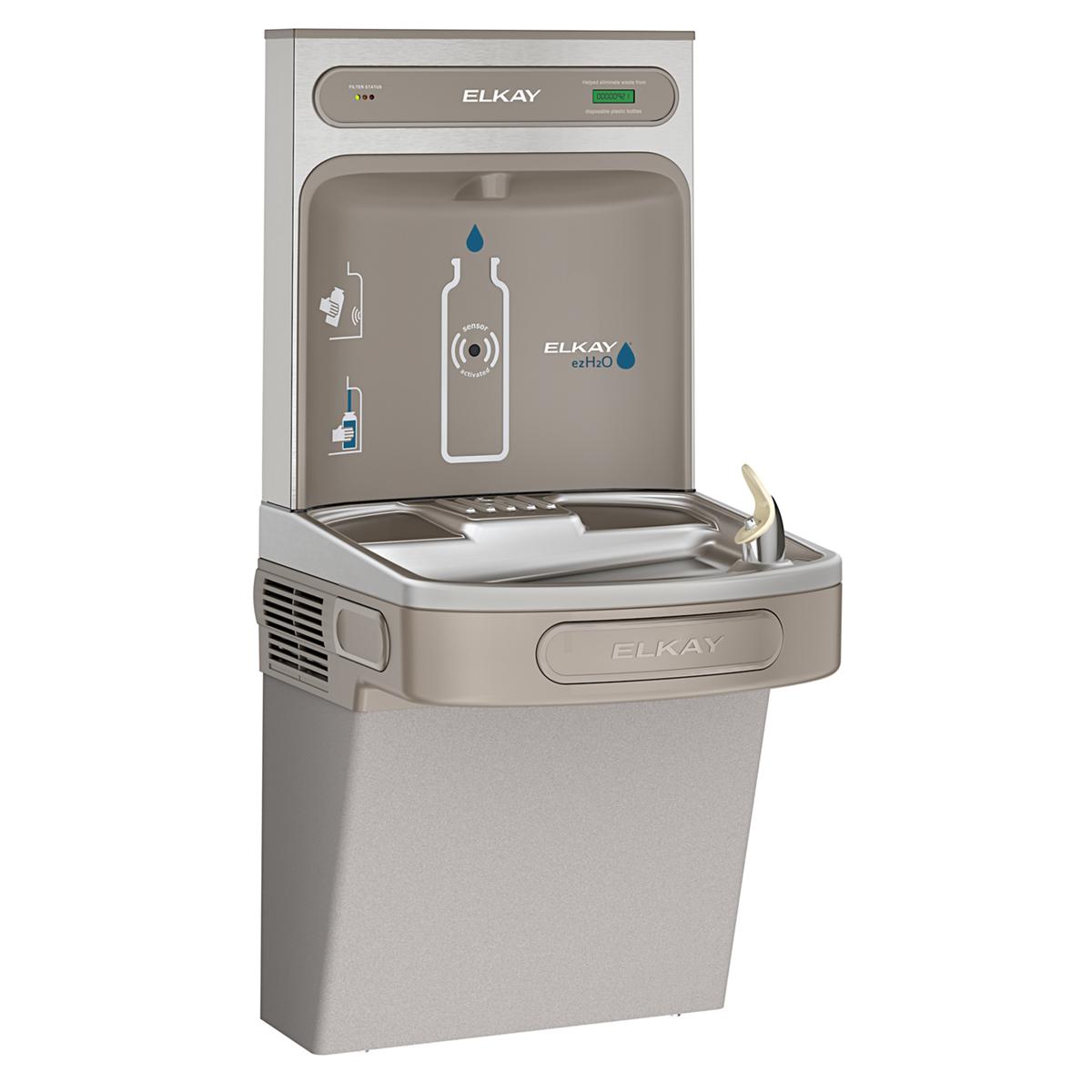 Light gray Elkay ezH2O bottle filling station with single ADA cooler, filtered water dispenser, and front-mounted drinking fo