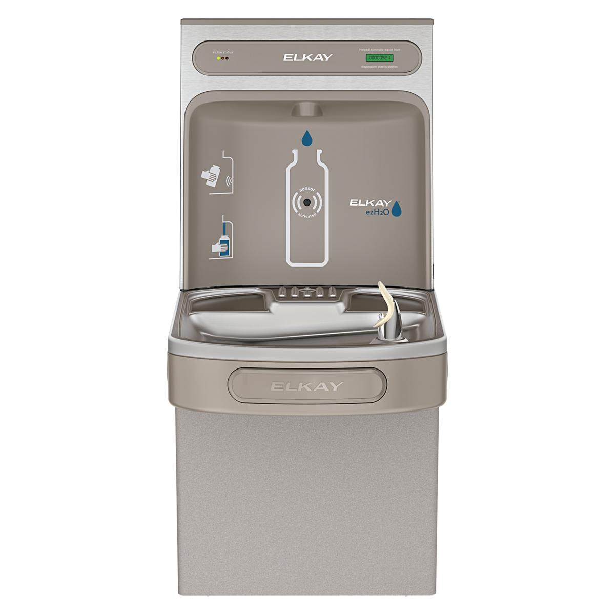 Light gray Elkay ezH2O bottle filling station with single ADA cooler, filtered non-refrigerated dispenser and water bottle ic