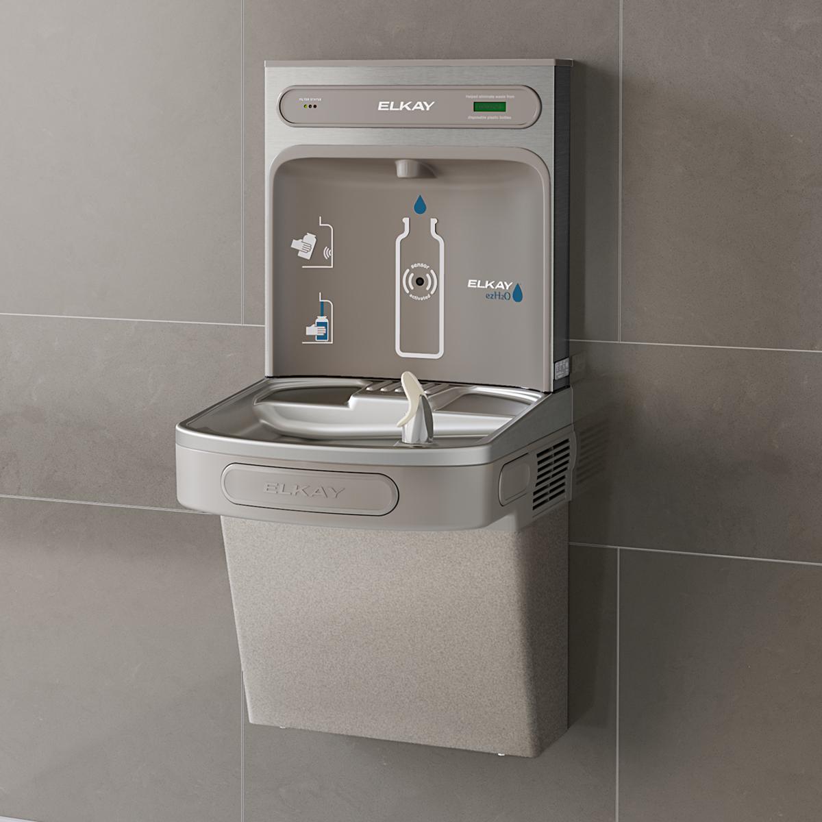 Light gray Elkay ezH2O bottle filling station mounted on wall with single basin and filtered water dispenser.