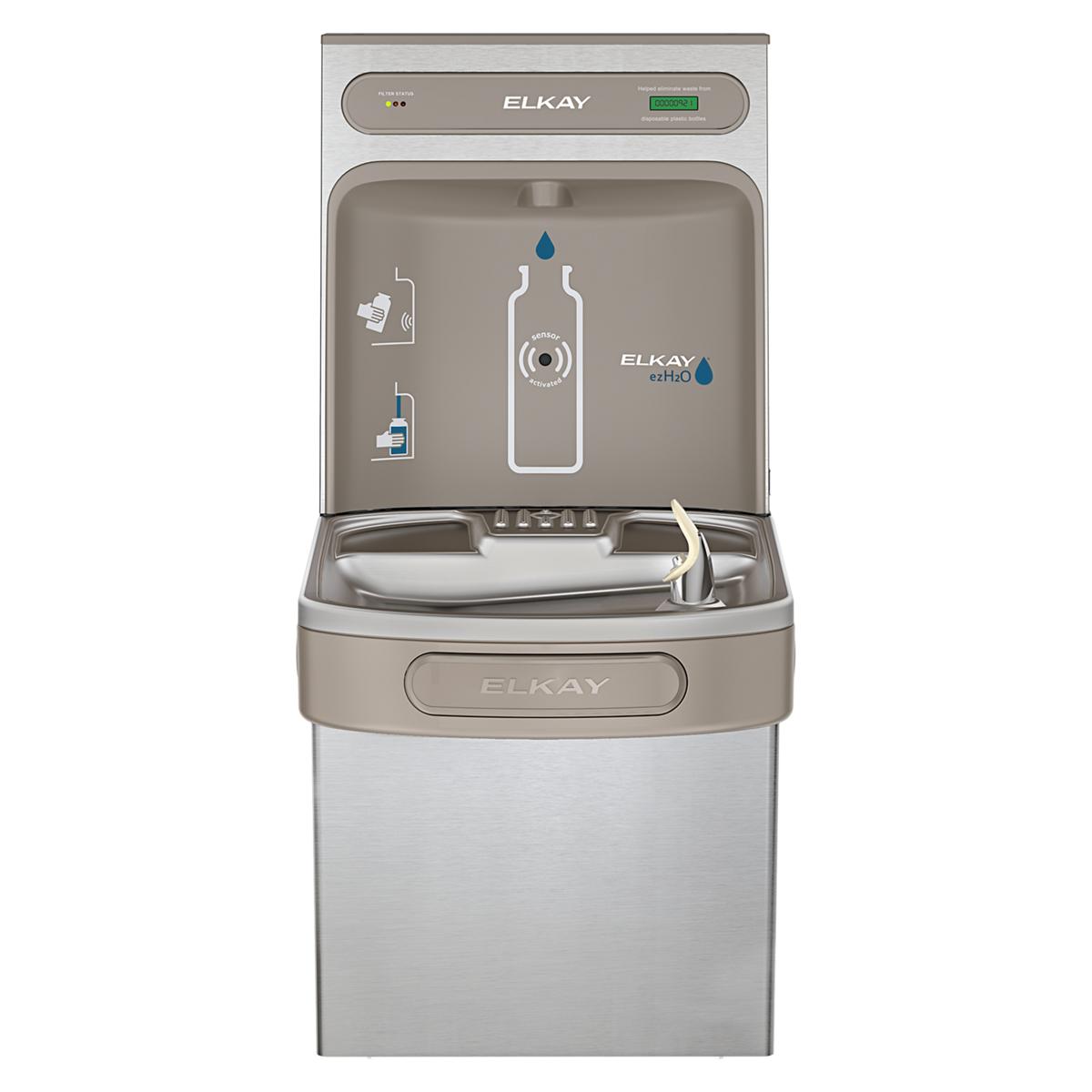 Elkay ezH2O stainless steel bottle filling station with single ADA cooler, filtered water dispensing spout, and control panel