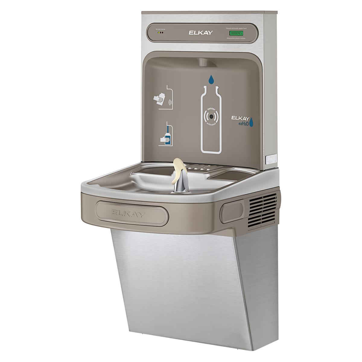 Stainless steel Elkay bottle filling station with single basin, built-in cooler, and filtered water dispensing spout.