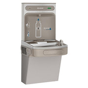 Light gray Elkay ezH2O bottle filling station with single cooler, filled water bottle graphic on backplate, and front-facing 