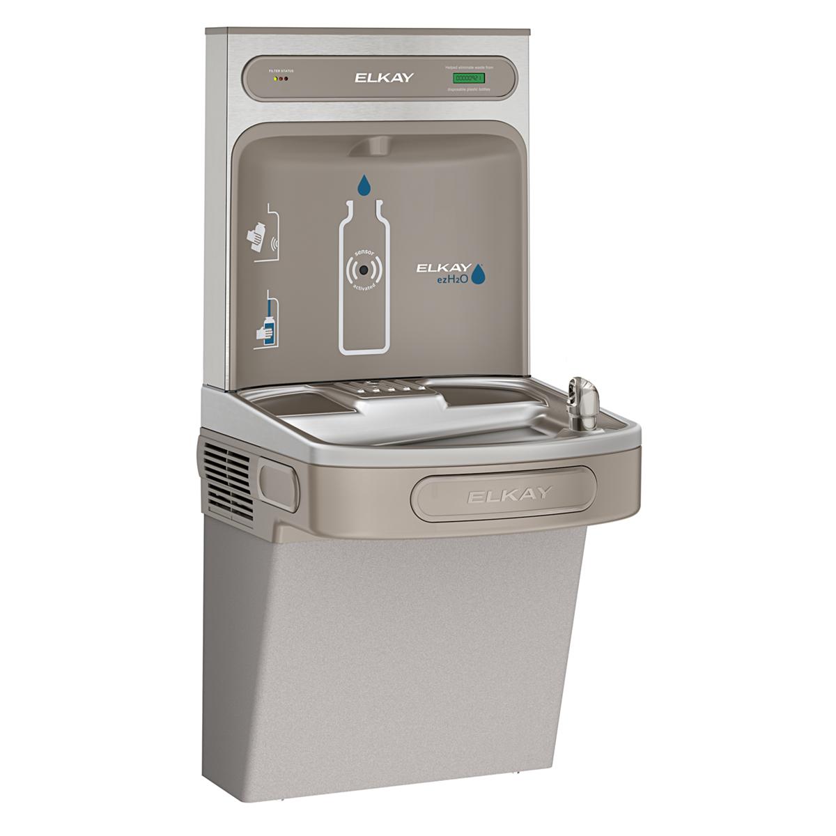 Light gray Elkay ezH2O bottle filling station with single cooler, filled water bottle graphic on backplate, and front-facing 