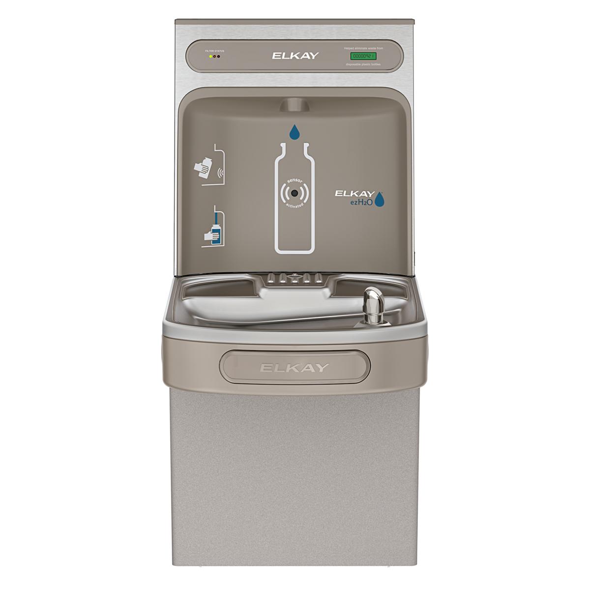 Light gray Elkay ezH2O bottle filling station with single basin and filtered water dispenser.