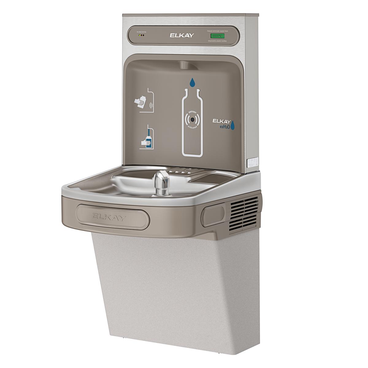 Light gray Elkay ezH2O bottle filling station with single water fountain bowl, filtered non-refrigerated cooler, and digital 